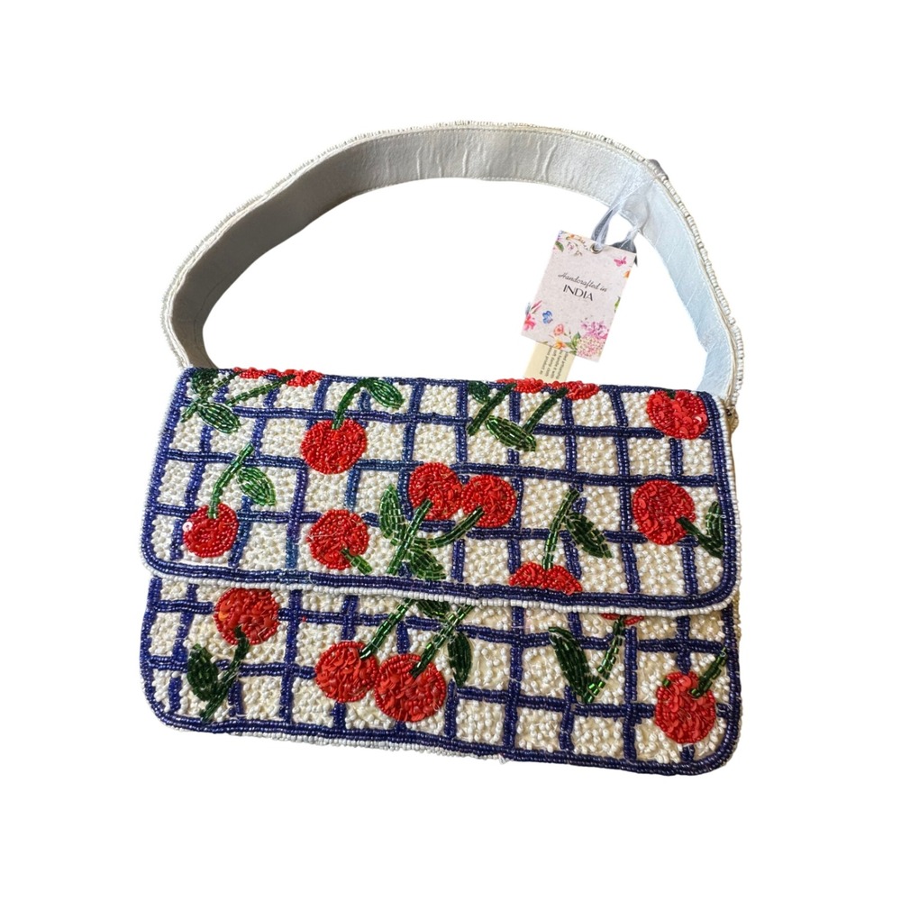 Handcrafted Beaded Cherry Grid Shoulder Bag White Red Blue Artisanal India NWT